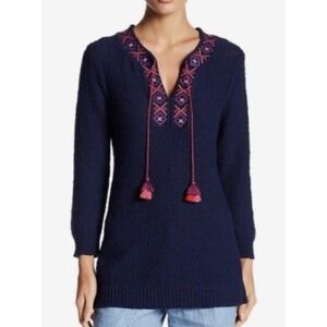 Tommy Bahama Knit Tunic Top Sweater Embroidered Navy Blue Boho Cotton Beachy